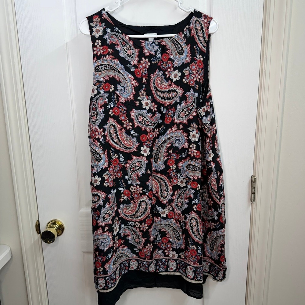 J. Jill black paisley layered sleeveless relaxed loose sheath dress summer XL T